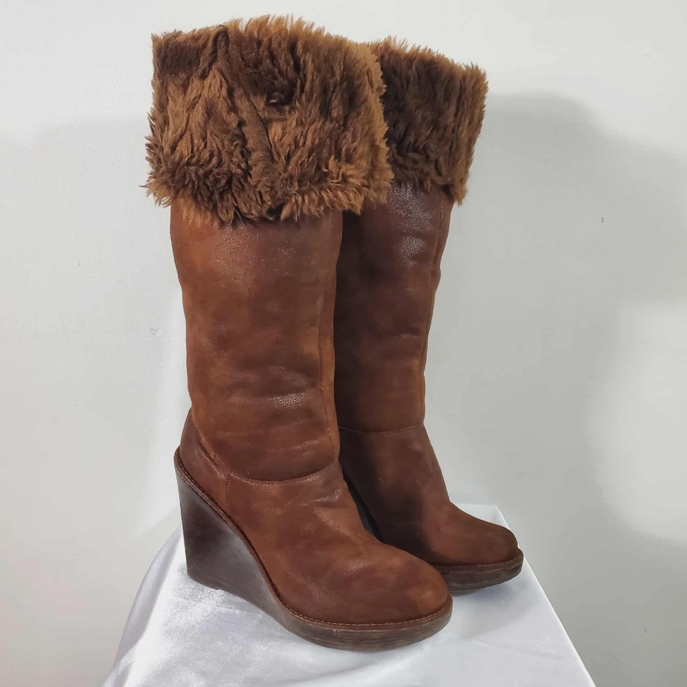 Michael Kors Calista Brown Faux Fur Lined Wedge Knee-High Boots